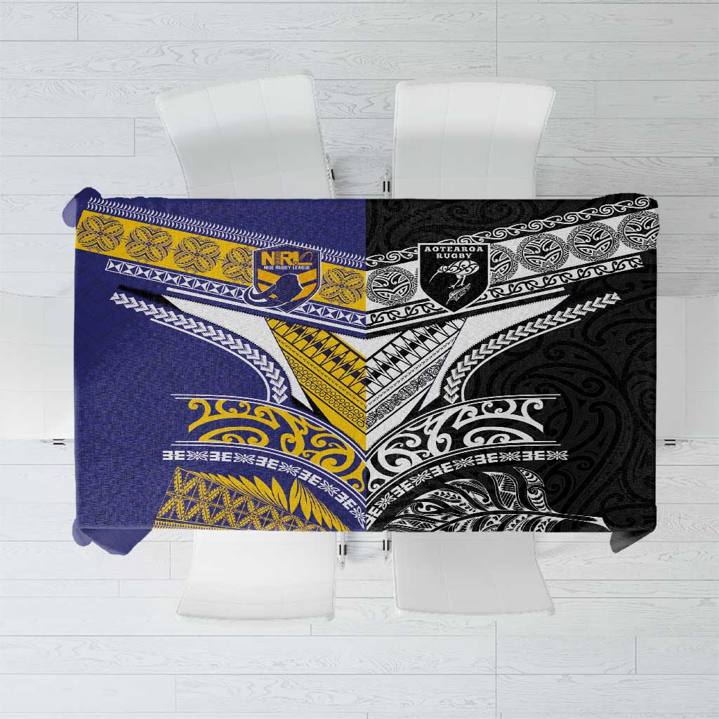 Rugby Niue and Aotearoa Tablecloth Hiapo with Maori Moko Tribal Heritage Tattoos - Polynesian Pride
