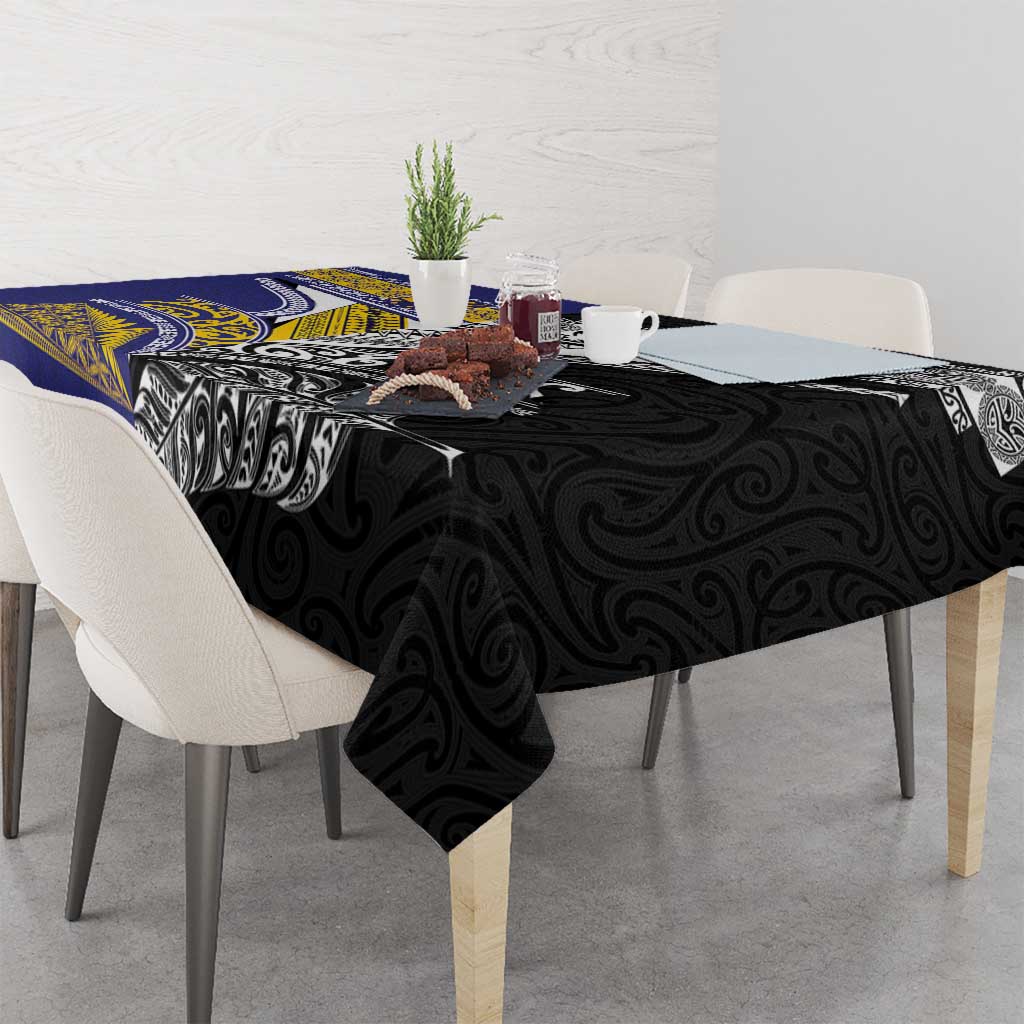 Rugby Niue and Aotearoa Tablecloth Hiapo with Maori Moko Tribal Heritage Tattoos - Polynesian Pride