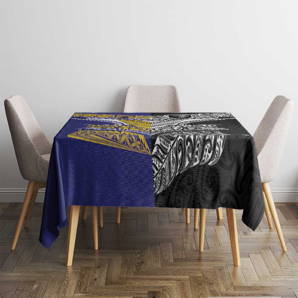 Rugby Niue and Aotearoa Tablecloth Hiapo with Maori Moko Tribal Heritage Tattoos - Polynesian Pride