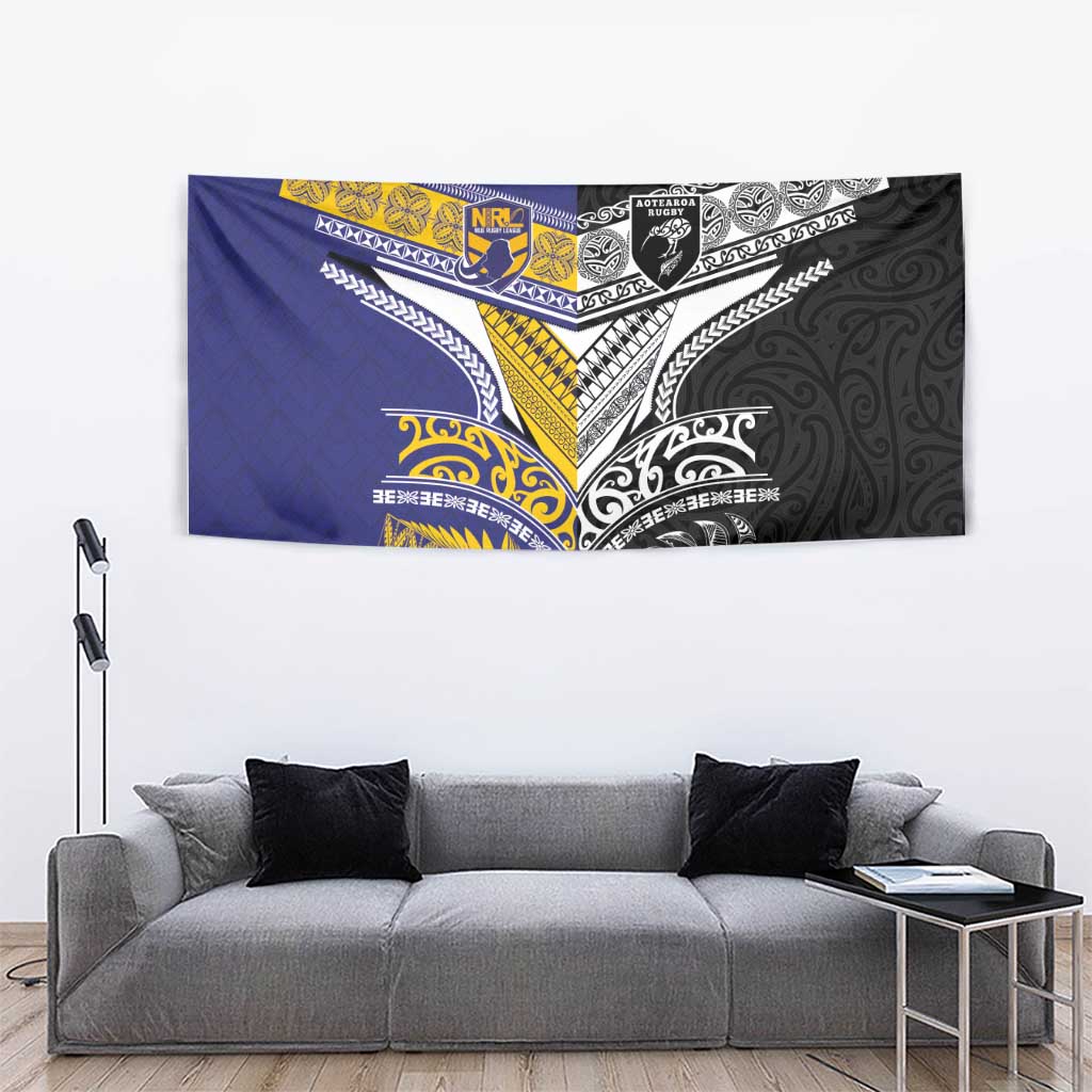 Rugby Niue and Aotearoa Tapestry Hiapo with Maori Moko Tribal Heritage Tattoos - Polynesian Pride