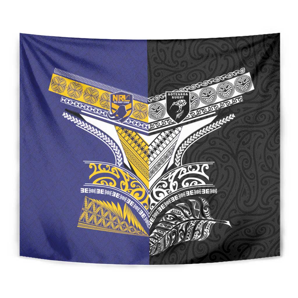 Rugby Niue and Aotearoa Tapestry Hiapo with Maori Moko Tribal Heritage Tattoos - Polynesian Pride
