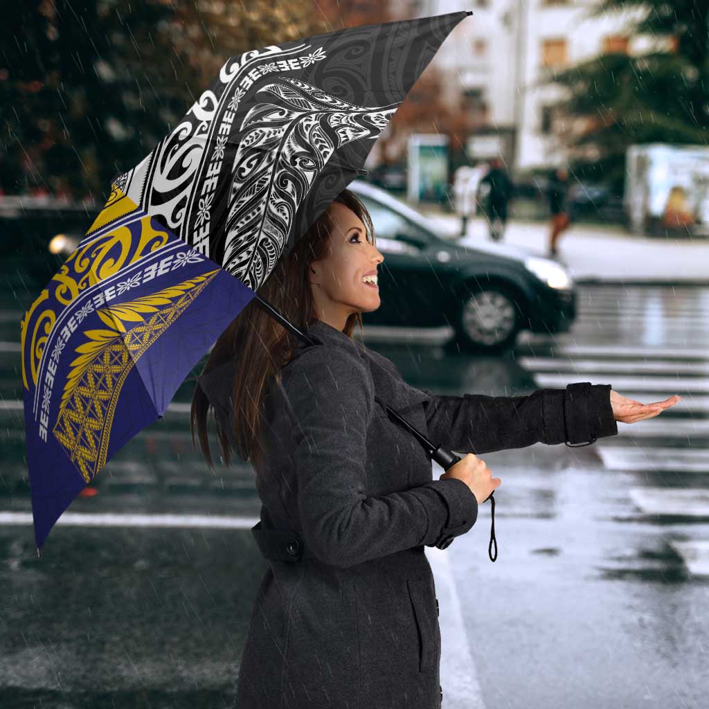Rugby Niue and Aotearoa Umbrella Hiapo with Maori Moko Tribal Heritage Tattoos - Polynesian Pride