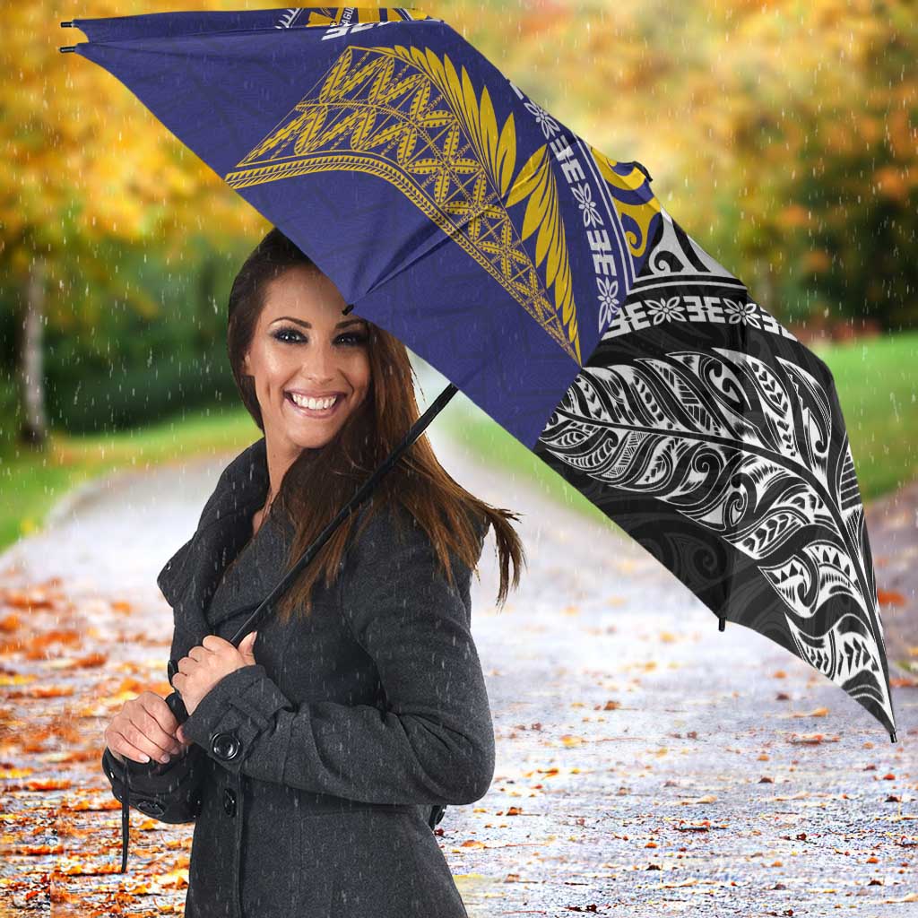 Rugby Niue and Aotearoa Umbrella Hiapo with Maori Moko Tribal Heritage Tattoos - Polynesian Pride