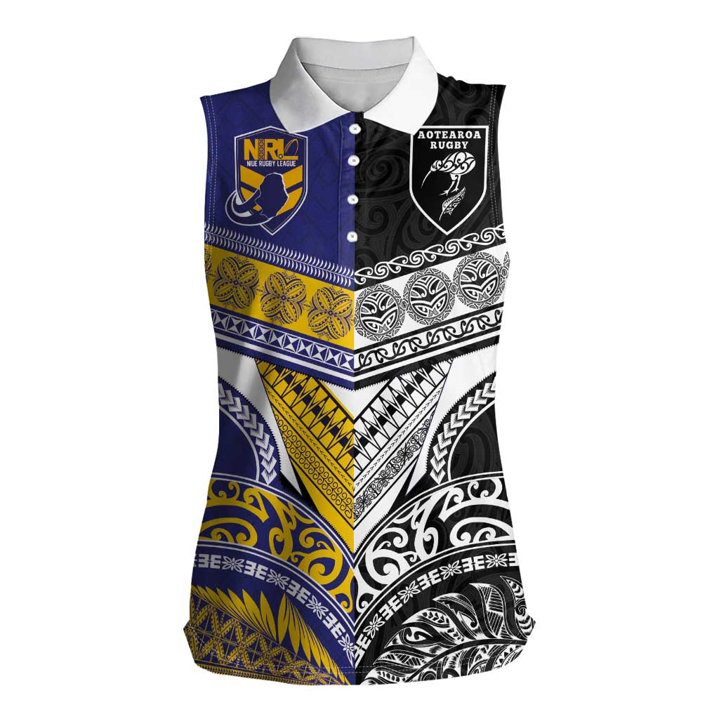 Custom Rugby Niue and Aotearoa Women Sleeveless Polo Shirt Hiapo with Maori Moko Tribal Heritage Tattoos - Polynesian Pride