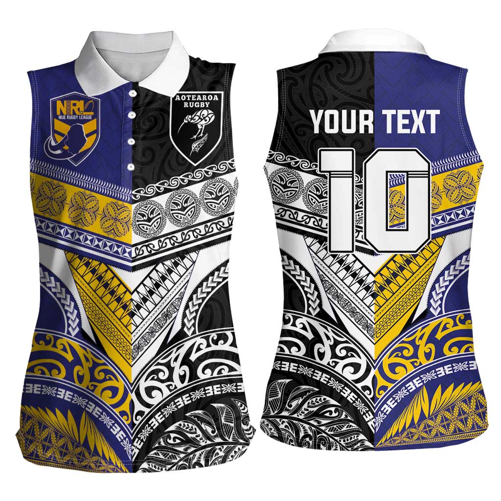 Custom Rugby Niue and Aotearoa Women Sleeveless Polo Shirt Hiapo with Maori Moko Tribal Heritage Tattoos - Polynesian Pride