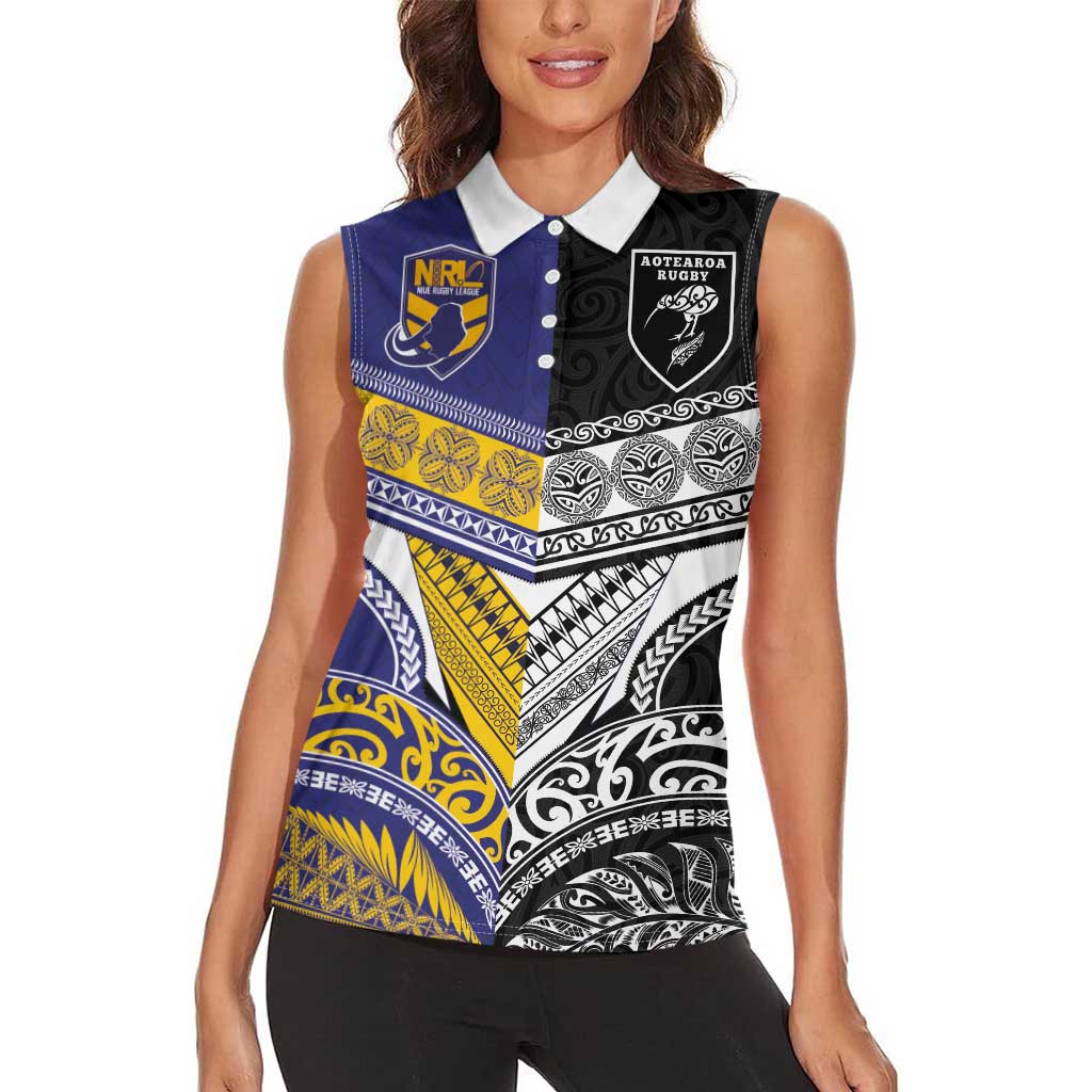 Custom Rugby Niue and Aotearoa Women Sleeveless Polo Shirt Hiapo with Maori Moko Tribal Heritage Tattoos - Polynesian Pride