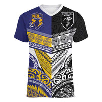Custom Rugby Niue and Aotearoa Women V-Neck T-Shirt Hiapo with Maori Moko Tribal Heritage Tattoos - Polynesian Pride