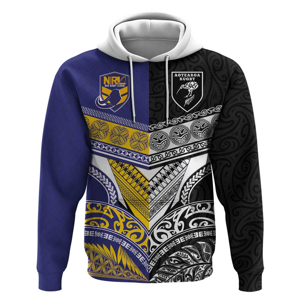 Custom Rugby Niue and Aotearoa Zip Hoodie Hiapo with Maori Moko Tribal Heritage Tattoos - Polynesian Pride