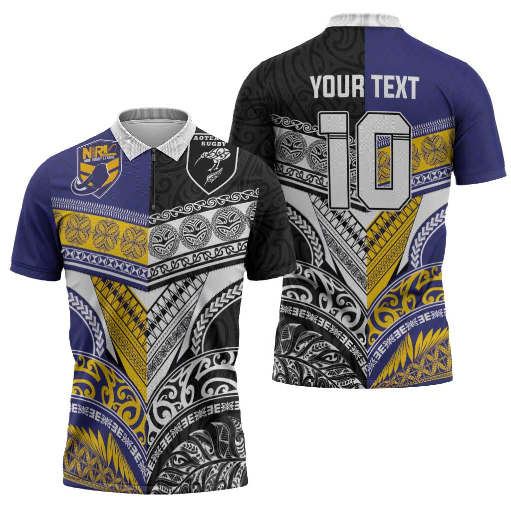 Custom Rugby Niue and Aotearoa Zipper Polo Shirt Hiapo with Maori Moko Tribal Heritage Tattoos - Polynesian Pride