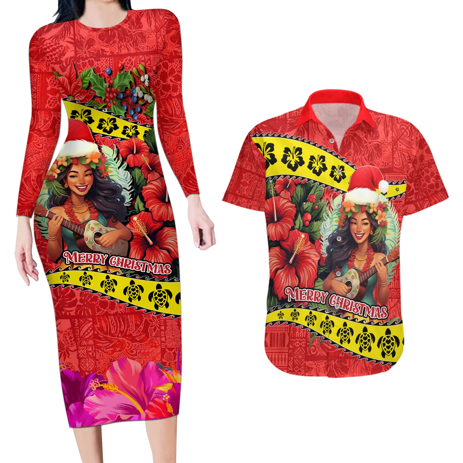 Hawaii Christmas Couples Matching Long Sleeve Bodycon Dress and Hawaiian Shirt Hula Girl Hibiscus With Hawaiian Style Tribal Fabric Patchwork LT03 Red - Polynesian Pride