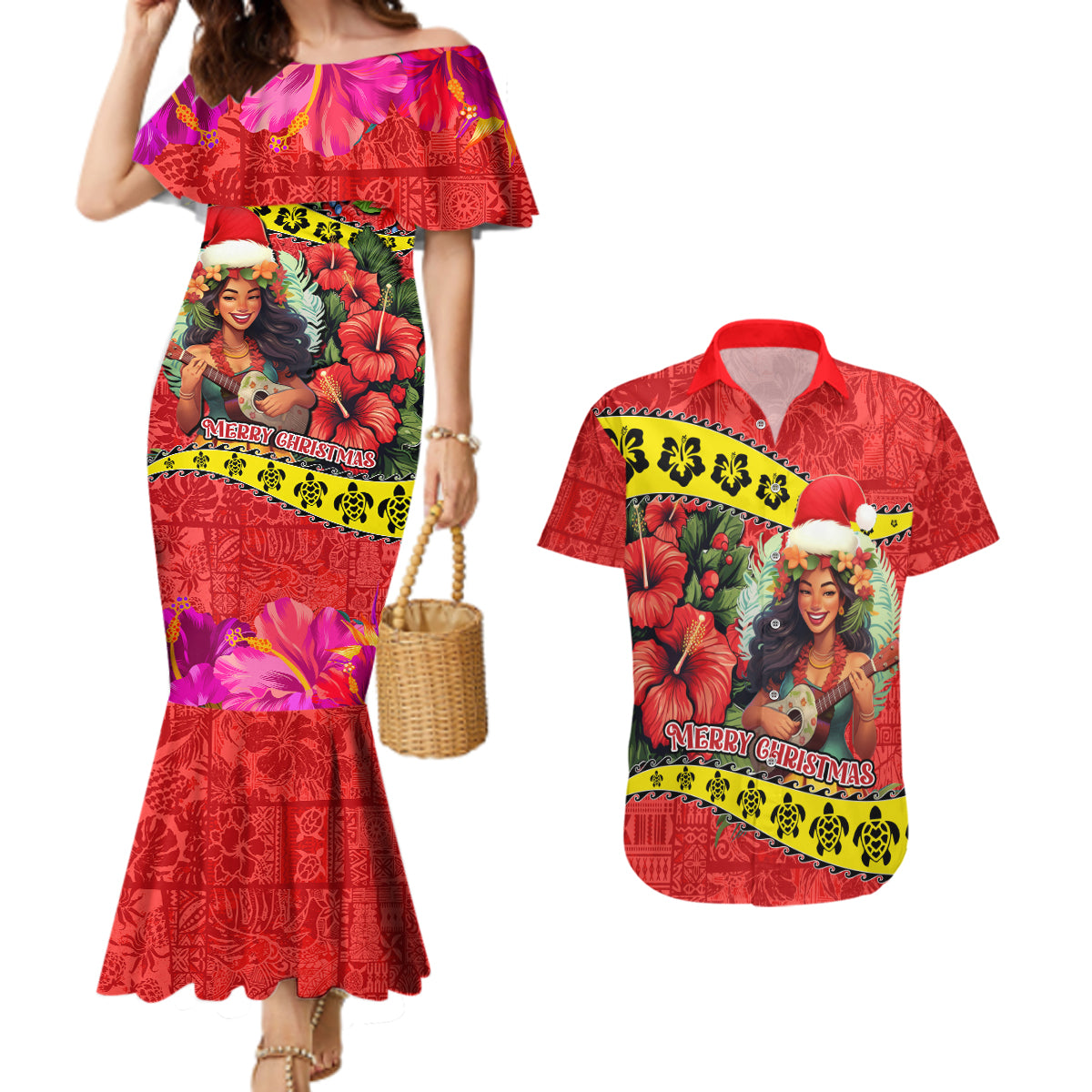 Hawaii Christmas Couples Matching Mermaid Dress and Hawaiian Shirt Hula Girl Hibiscus With Hawaiian Style Tribal Fabric Patchwork LT03 Red - Polynesian Pride