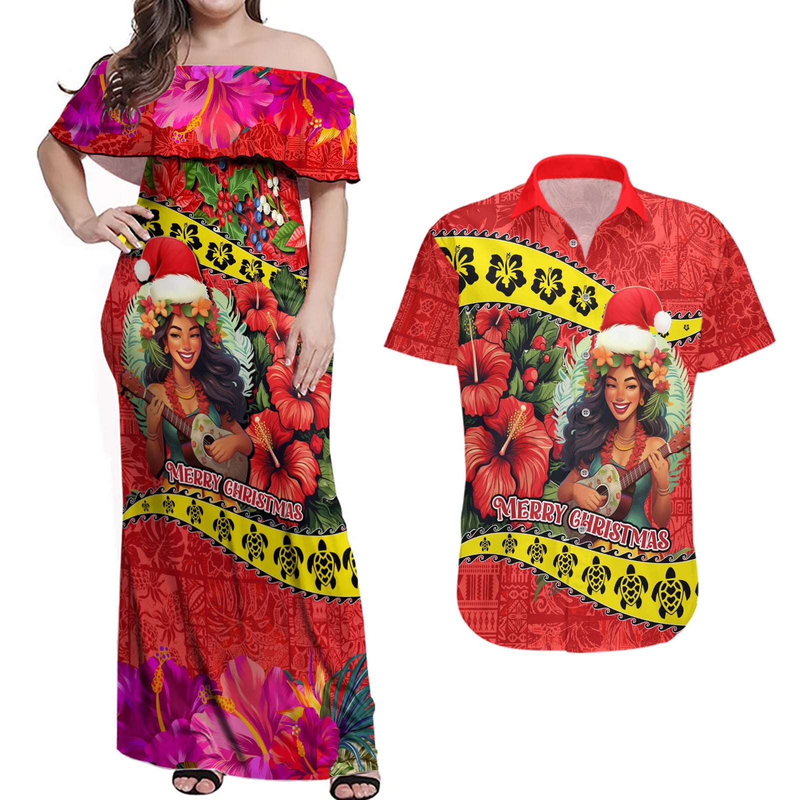 Hawaii Christmas Couples Matching Off Shoulder Maxi Dress and Hawaiian Shirt Hula Girl Hibiscus With Hawaiian Style Tribal Fabric Patchwork LT03 Red - Polynesian Pride