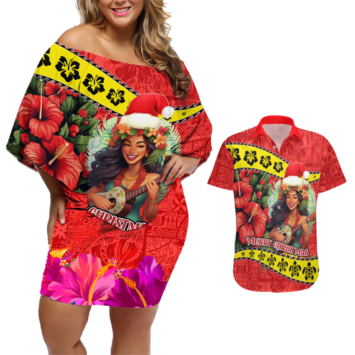 Hawaii Christmas Couples Matching Off Shoulder Short Dress and Hawaiian Shirt Hula Girl Hibiscus With Hawaiian Style Tribal Fabric Patchwork LT03 Red - Polynesian Pride