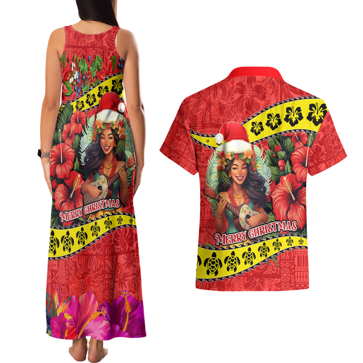 Hawaii Christmas Couples Matching Tank Maxi Dress and Hawaiian Shirt Hula Girl Hibiscus With Hawaiian Style Tribal Fabric Patchwork LT03 - Polynesian Pride