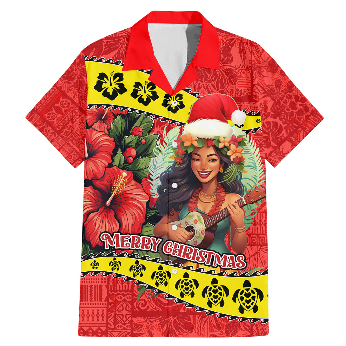 Hawaii Christmas Family Matching Mermaid Dress and Hawaiian Shirt Hula Girl Hibiscus With Hawaiian Style Tribal Fabric Patchwork LT03 Dad's Shirt - Short Sleeve Red - Polynesian Pride