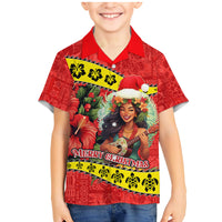 Hawaii Christmas Family Matching Mermaid Dress and Hawaiian Shirt Hula Girl Hibiscus With Hawaiian Style Tribal Fabric Patchwork LT03 Son's Shirt Red - Polynesian Pride