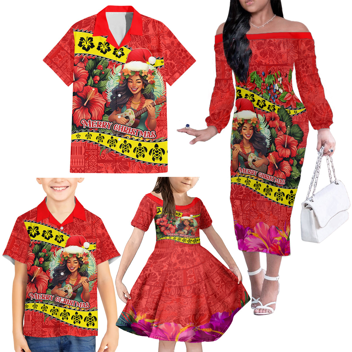 Hawaii Christmas Family Matching Off Shoulder Long Sleeve Dress and Hawaiian Shirt Hula Girl Hibiscus With Hawaiian Style Tribal Fabric Patchwork LT03 - Polynesian Pride