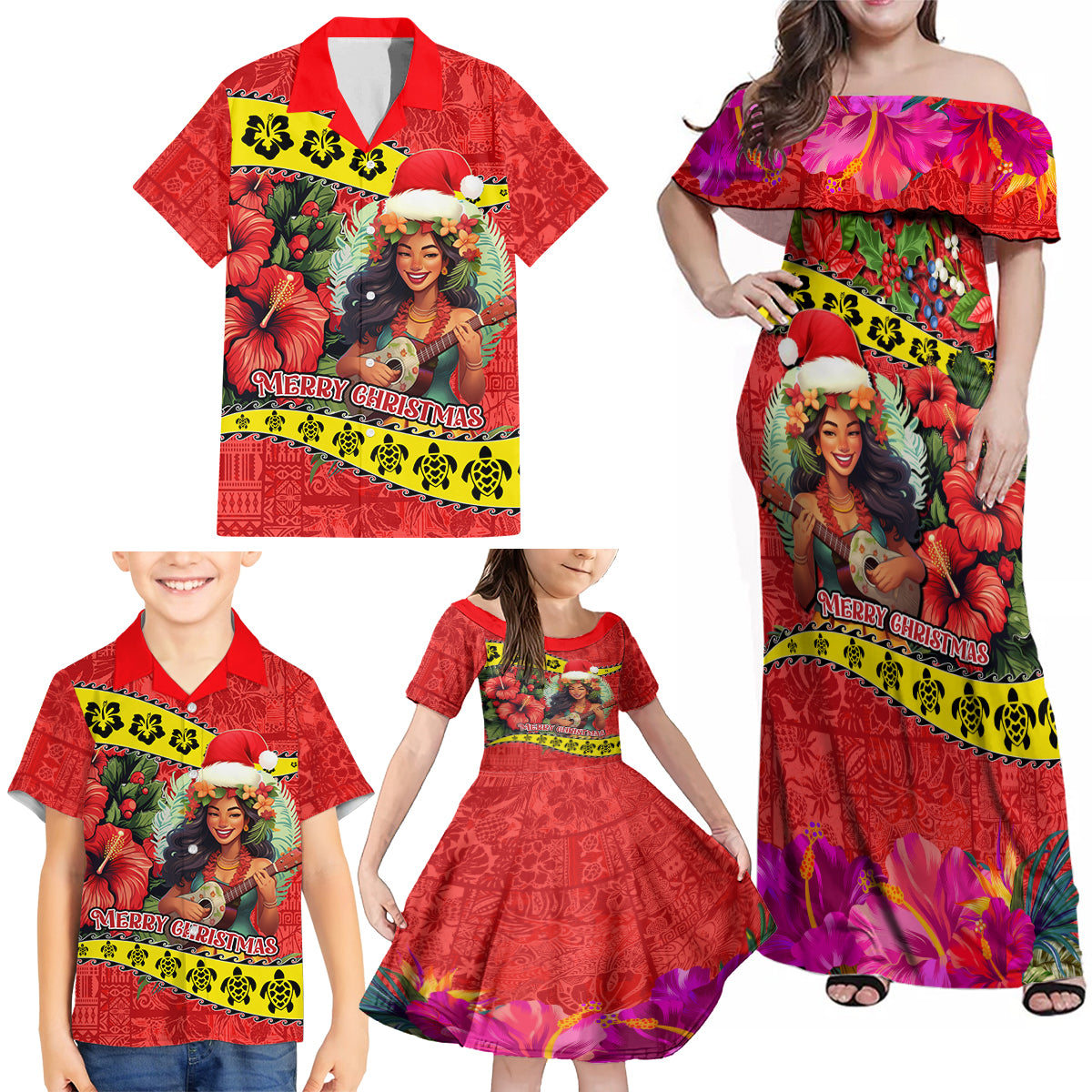 Hawaii Christmas Family Matching Off Shoulder Maxi Dress and Hawaiian Shirt Hula Girl Hibiscus With Hawaiian Style Tribal Fabric Patchwork LT03 - Polynesian Pride