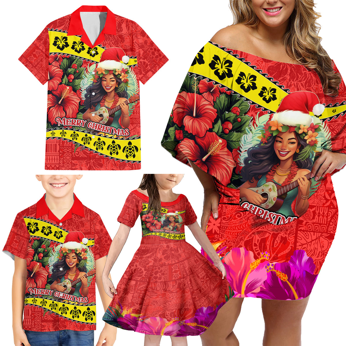 Hawaii Christmas Family Matching Off Shoulder Short Dress and Hawaiian Shirt Hula Girl Hibiscus With Hawaiian Style Tribal Fabric Patchwork LT03 - Polynesian Pride