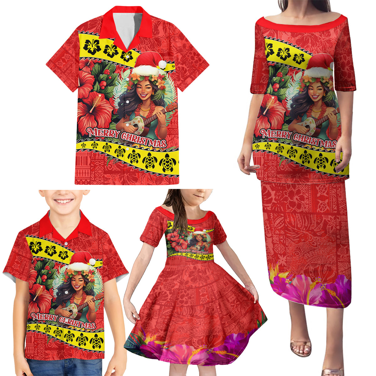 Hawaii Christmas Family Matching Puletasi Dress and Hawaiian Shirt Hula Girl Hibiscus With Hawaiian Style Tribal Fabric Patchwork LT03 - Polynesian Pride