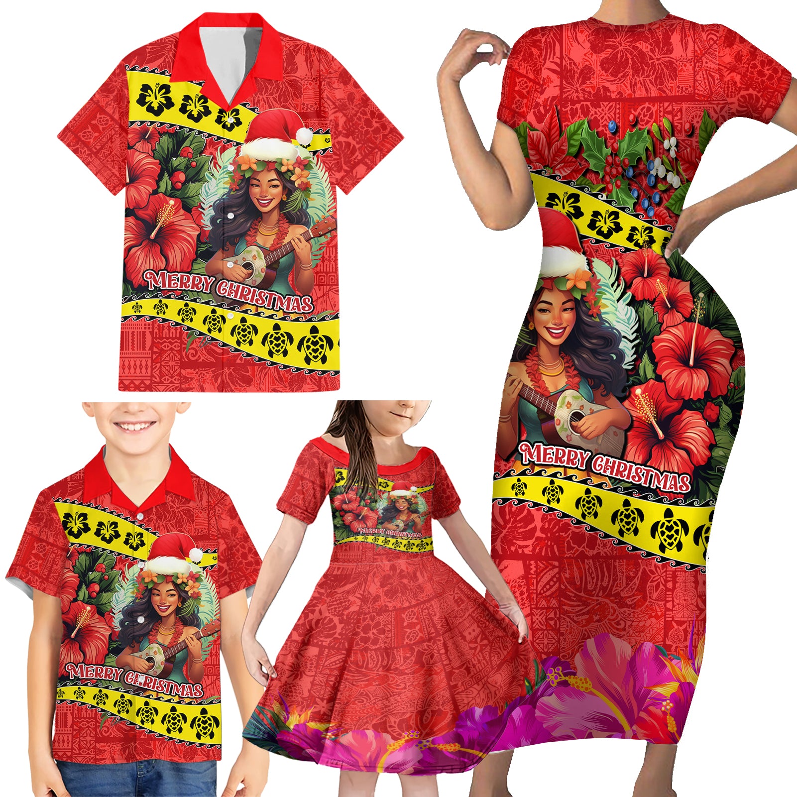 Hawaii Christmas Family Matching Short Sleeve Bodycon Dress and Hawaiian Shirt Hula Girl Hibiscus With Hawaiian Style Tribal Fabric Patchwork LT03 - Polynesian Pride