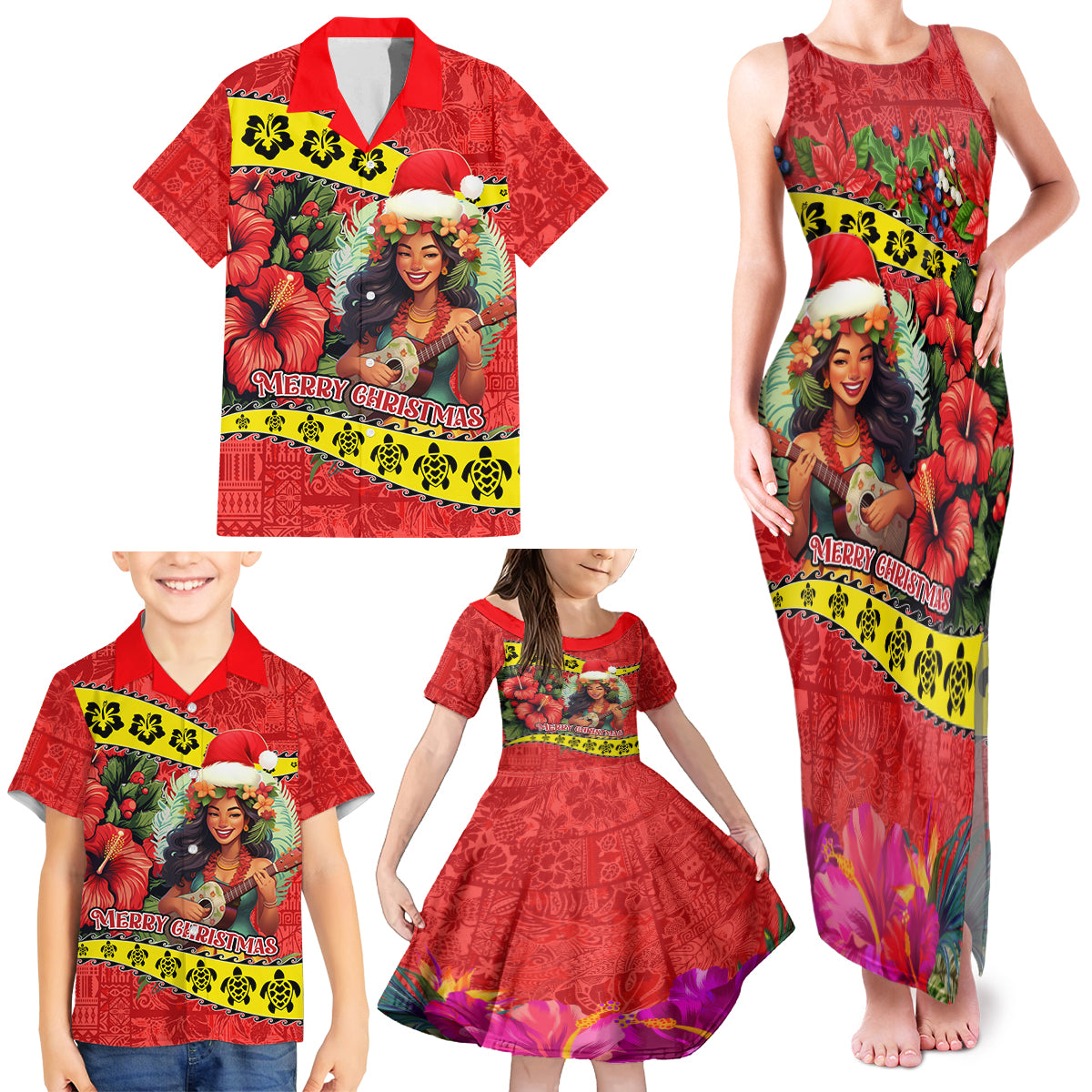 Hawaii Christmas Family Matching Tank Maxi Dress and Hawaiian Shirt Hula Girl Hibiscus With Hawaiian Style Tribal Fabric Patchwork LT03 - Polynesian Pride