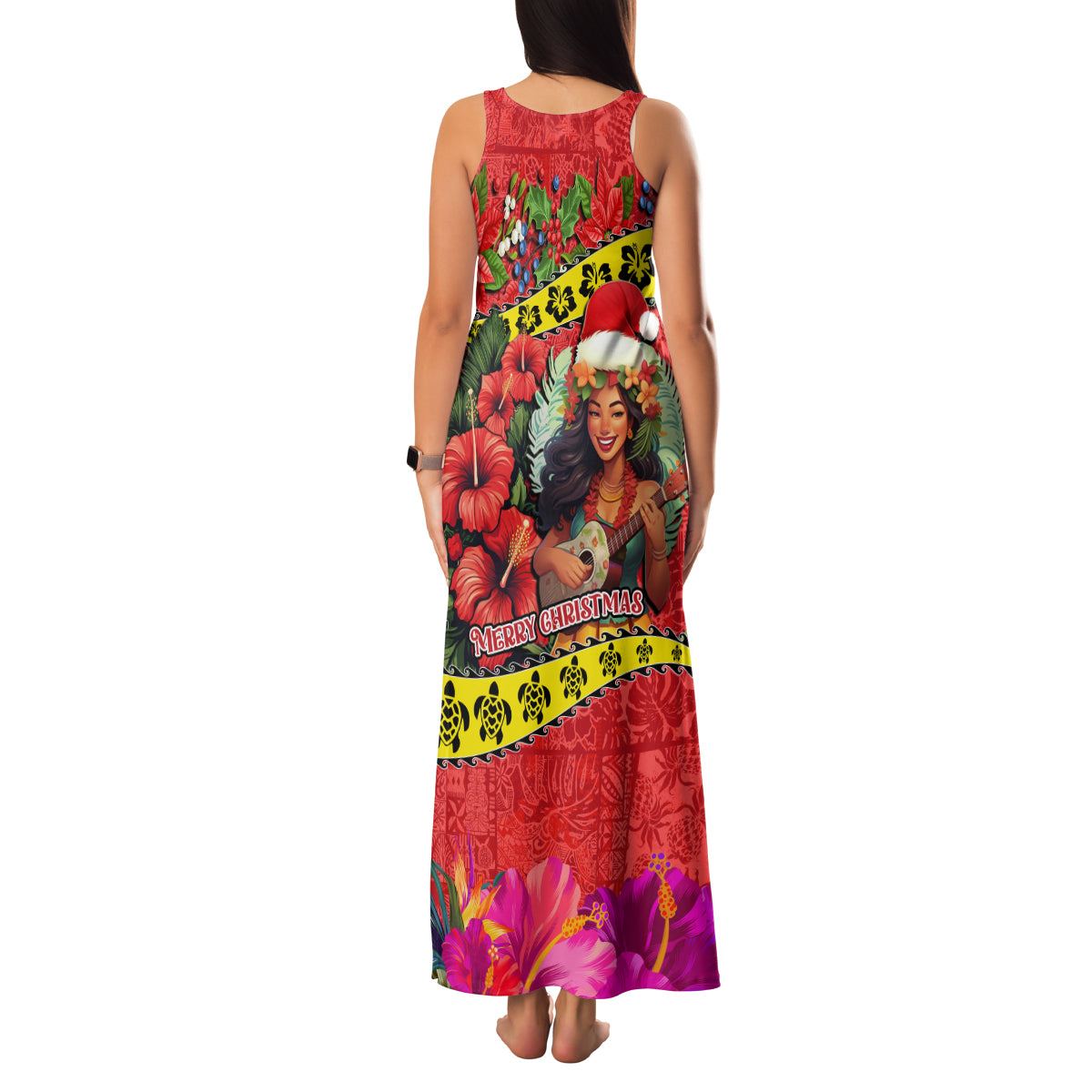 Hawaii Christmas Family Matching Tank Maxi Dress and Hawaiian Shirt Hula Girl Hibiscus With Hawaiian Style Tribal Fabric Patchwork LT03 - Polynesian Pride