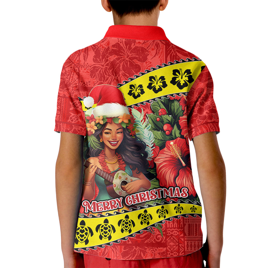 Hawaii Christmas Kid Polo Shirt Hula Girl Hibiscus With Hawaiian Style Tribal Fabric Patchwork LT03 - Polynesian Pride