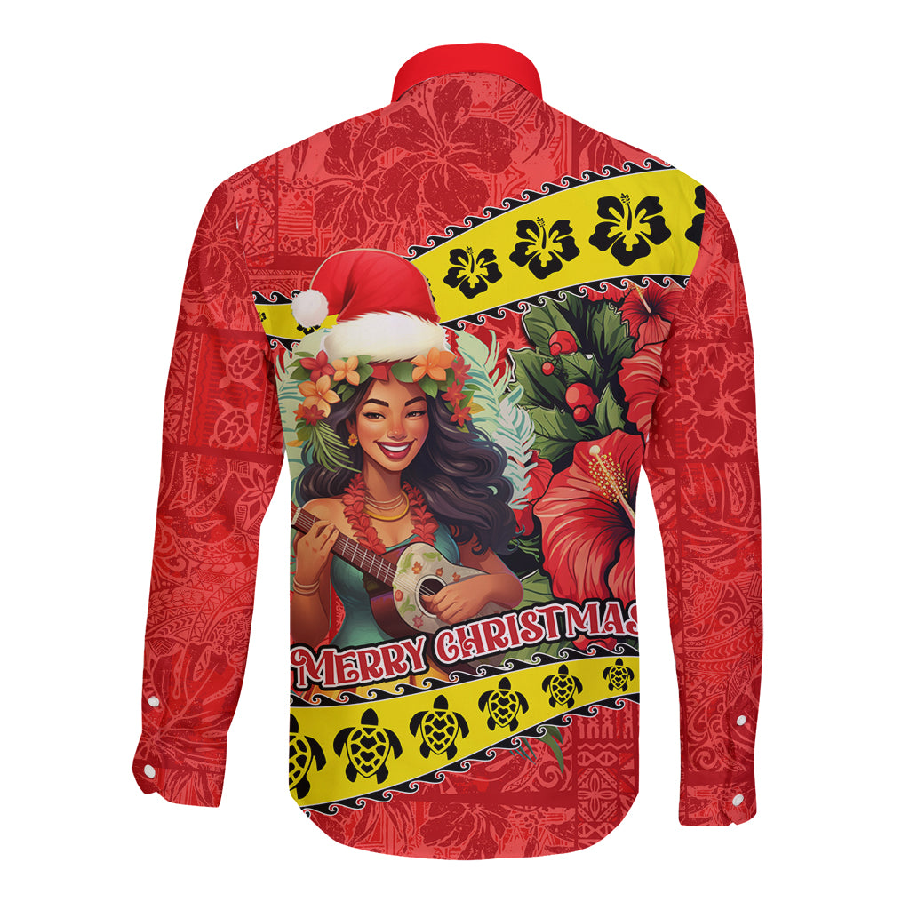 Hawaii Christmas Long Sleeve Button Shirt Hula Girl Hibiscus With Hawaiian Style Tribal Fabric Patchwork LT03 - Polynesian Pride