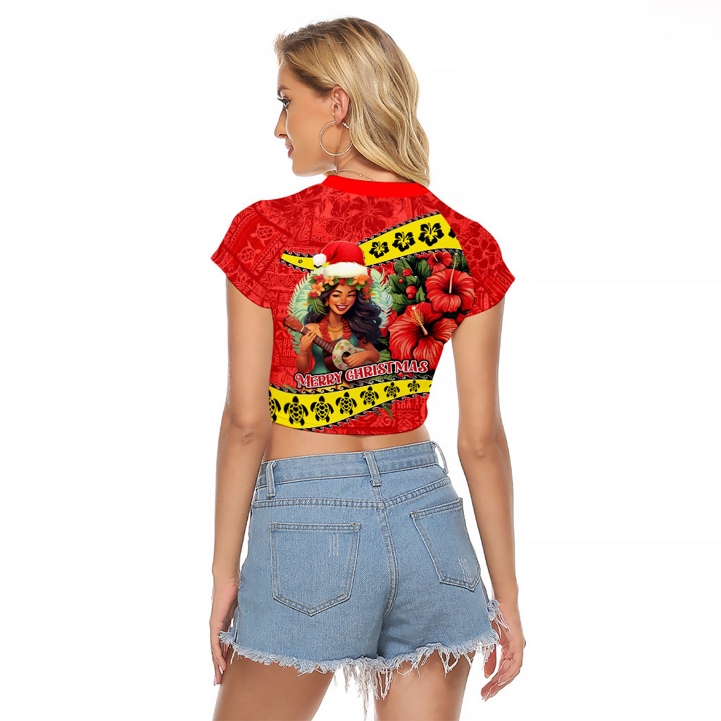 Hawaii Christmas Raglan Cropped T Shirt Hula Girl Hibiscus With Hawaiian Style Tribal Fabric Patchwork LT03 - Polynesian Pride