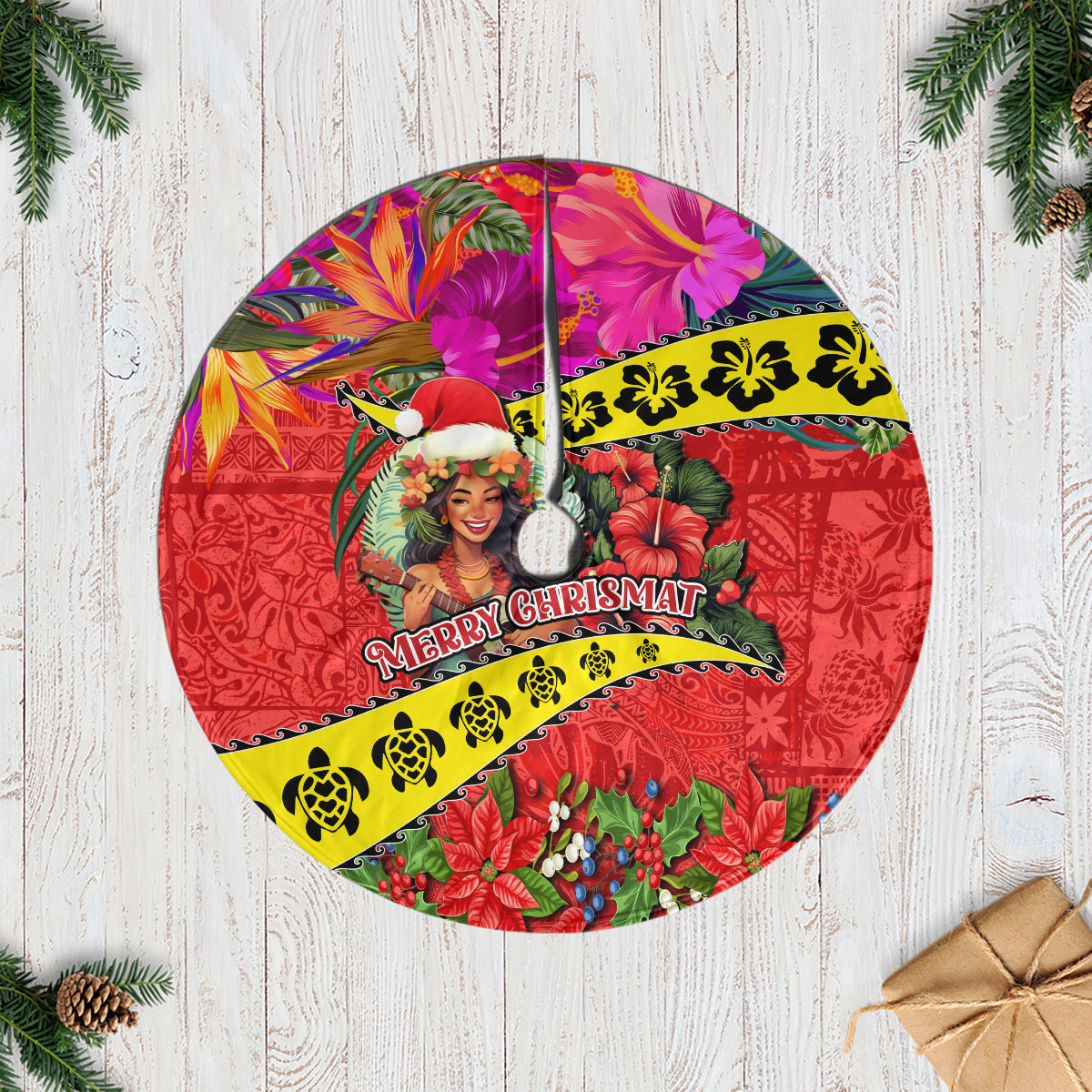 Hawaii Christmas Tree Skirt Hula Girl Hibiscus With Hawaiian Style Tribal Fabric Patchwork LT03 Red - Polynesian Pride