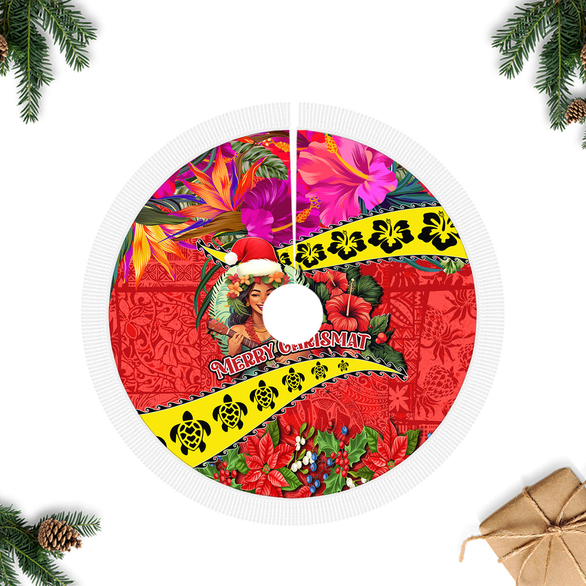 Hawaii Christmas Tree Skirt Hula Girl Hibiscus With Hawaiian Style Tribal Fabric Patchwork LT03 - Polynesian Pride