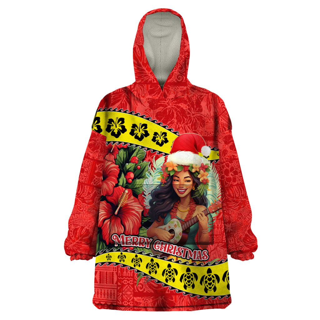 Hawaii Christmas Wearable Blanket Hoodie Hula Girl Hibiscus With Hawaiian Style Tribal Fabric Patchwork LT03 One Size Red - Polynesian Pride