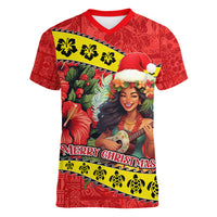 Hawaii Christmas Women V Neck T Shirt Hula Girl Hibiscus With Hawaiian Style Tribal Fabric Patchwork LT03 Female Red - Polynesian Pride