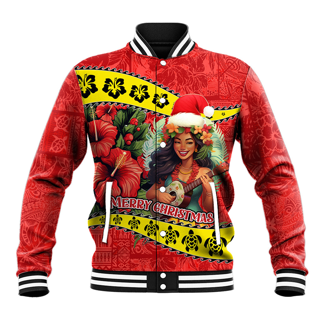 Personalised Hawaii Christmas Baseball Jacket Hula Girl Hibiscus With Hawaiian Style Tribal Fabric Patchwork LT03 Unisex Red - Polynesian Pride