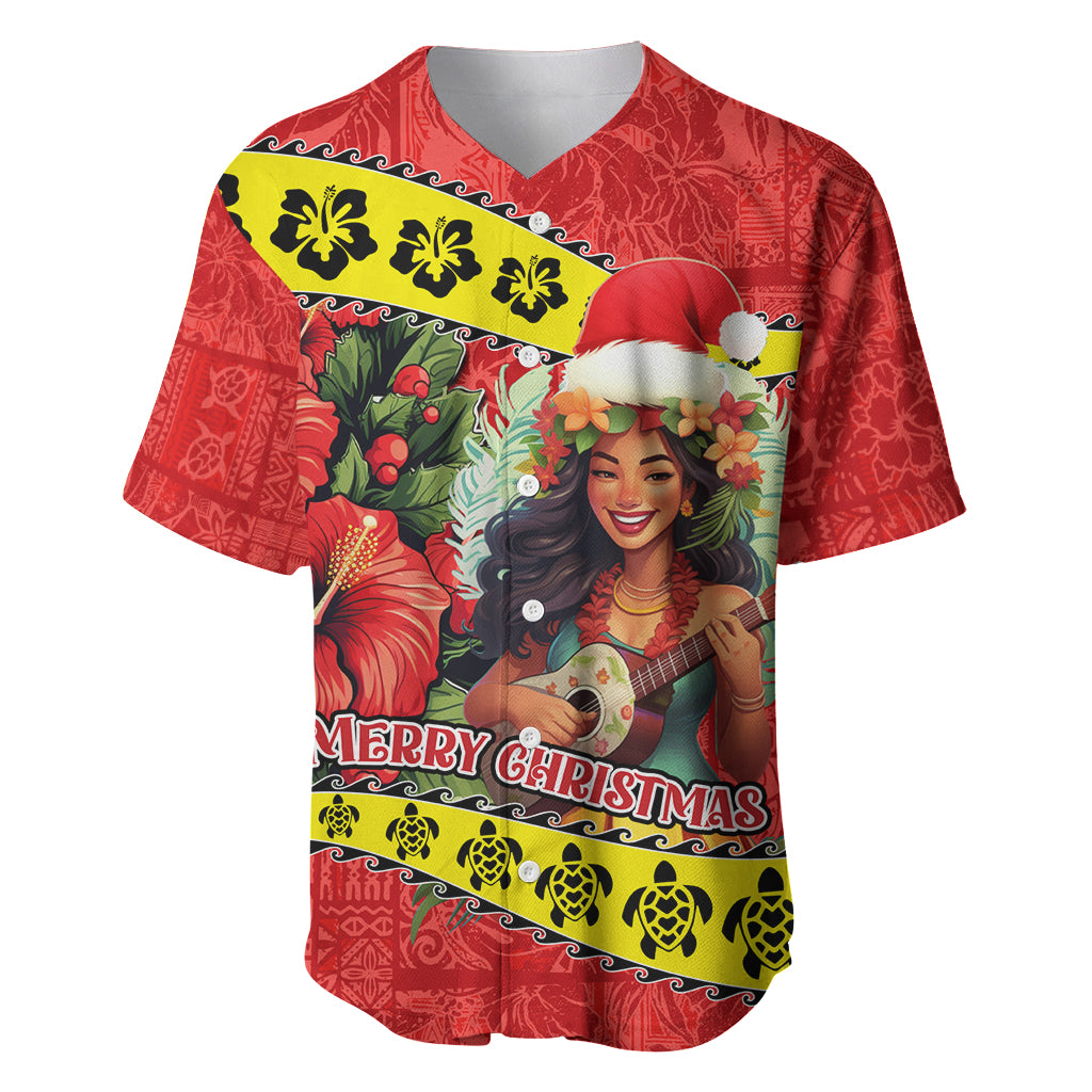 Personalised Hawaii Christmas Baseball Jersey Hula Girl Hibiscus With Hawaiian Style Tribal Fabric Patchwork LT03 Red - Polynesian Pride