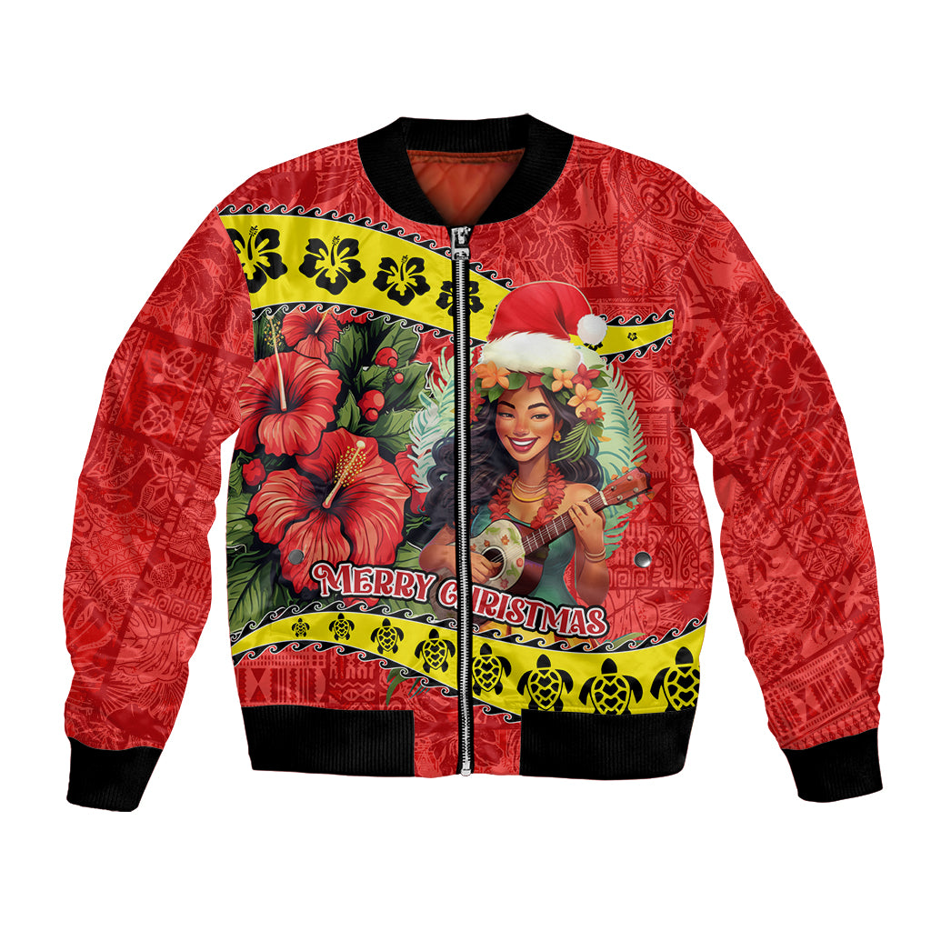 Personalised Hawaii Christmas Bomber Jacket Hula Girl Hibiscus With Hawaiian Style Tribal Fabric Patchwork LT03 Unisex Red - Polynesian Pride