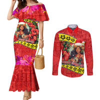 Personalised Hawaii Christmas Couples Matching Mermaid Dress and Long Sleeve Button Shirt Hula Girl Hibiscus With Hawaiian Style Tribal Fabric Patchwork LT03 Red - Polynesian Pride