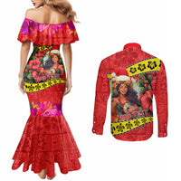 Personalised Hawaii Christmas Couples Matching Mermaid Dress and Long Sleeve Button Shirt Hula Girl Hibiscus With Hawaiian Style Tribal Fabric Patchwork LT03 - Polynesian Pride