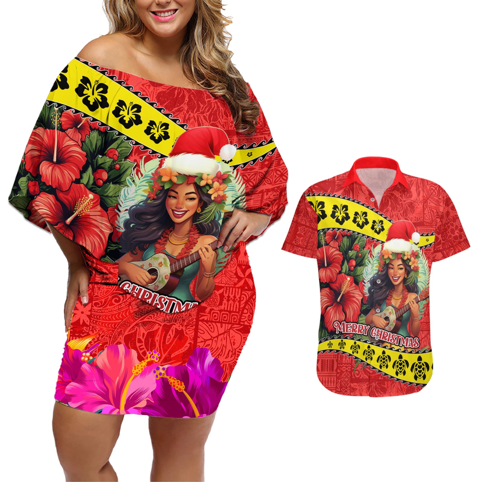 Personalised Hawaii Christmas Couples Matching Off Shoulder Short Dress and Hawaiian Shirt Hula Girl Hibiscus With Hawaiian Style Tribal Fabric Patchwork LT03 Red - Polynesian Pride