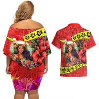 Personalised Hawaii Christmas Couples Matching Off Shoulder Short Dress and Hawaiian Shirt Hula Girl Hibiscus With Hawaiian Style Tribal Fabric Patchwork LT03 - Polynesian Pride