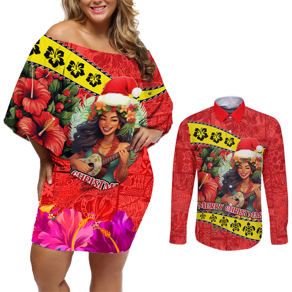 Personalised Hawaii Christmas Couples Matching Off Shoulder Short Dress and Long Sleeve Button Shirt Hula Girl Hibiscus With Hawaiian Style Tribal Fabric Patchwork LT03 Red - Polynesian Pride