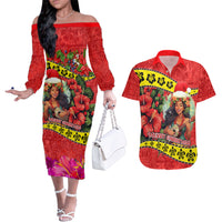 Personalised Hawaii Christmas Couples Matching Off The Shoulder Long Sleeve Dress and Hawaiian Shirt Hula Girl Hibiscus With Hawaiian Style Tribal Fabric Patchwork LT03 Red - Polynesian Pride