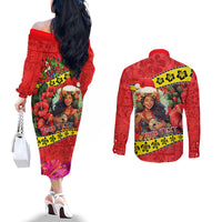 Personalised Hawaii Christmas Couples Matching Off The Shoulder Long Sleeve Dress and Long Sleeve Button Shirt Hula Girl Hibiscus With Hawaiian Style Tribal Fabric Patchwork LT03 - Polynesian Pride