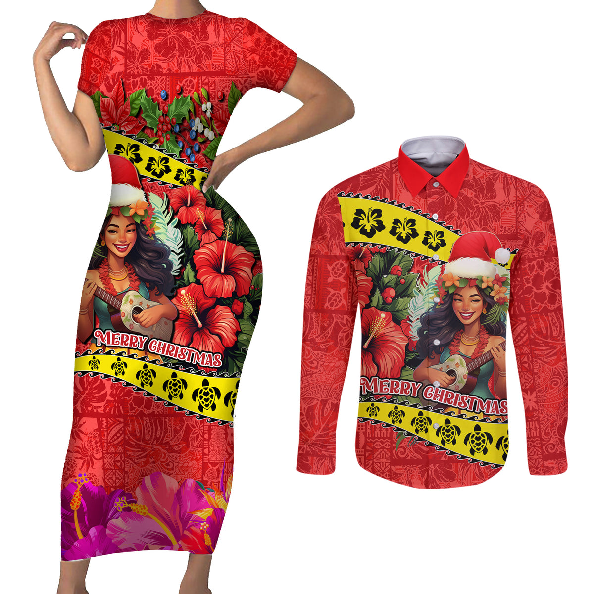 Personalised Hawaii Christmas Couples Matching Short Sleeve Bodycon Dress and Long Sleeve Button Shirt Hula Girl Hibiscus With Hawaiian Style Tribal Fabric Patchwork LT03 Red - Polynesian Pride