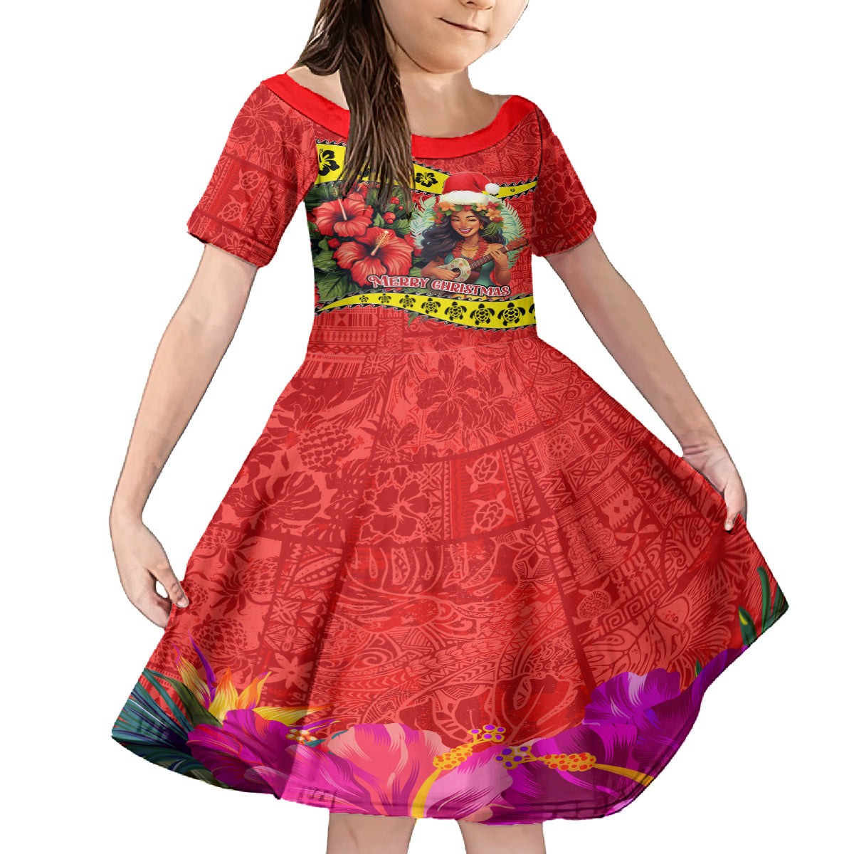 Personalised Hawaii Christmas Family Matching Off Shoulder Long Sleeve Dress and Hawaiian Shirt Hula Girl Hibiscus With Hawaiian Style Tribal Fabric Patchwork LT03 Daughter's Dress Red - Polynesian Pride