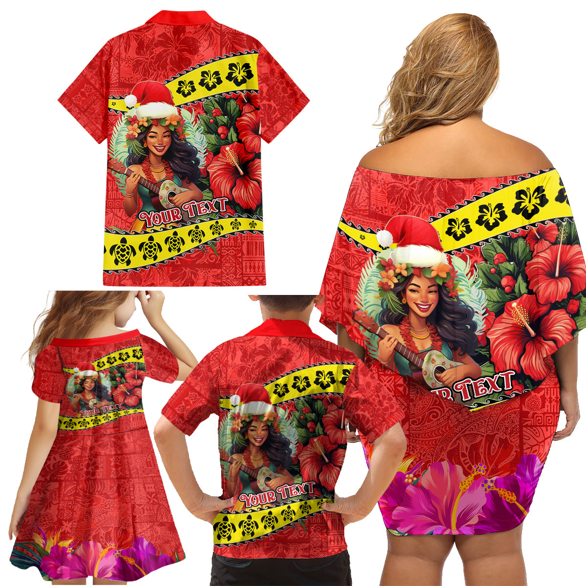Personalised Hawaii Christmas Family Matching Off Shoulder Short Dress and Hawaiian Shirt Hula Girl Hibiscus With Hawaiian Style Tribal Fabric Patchwork LT03 - Polynesian Pride