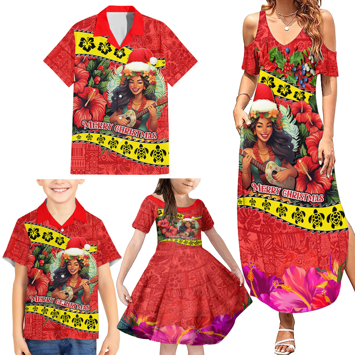 Personalised Hawaii Christmas Family Matching Summer Maxi Dress and Hawaiian Shirt Hula Girl Hibiscus With Hawaiian Style Tribal Fabric Patchwork LT03 - Polynesian Pride