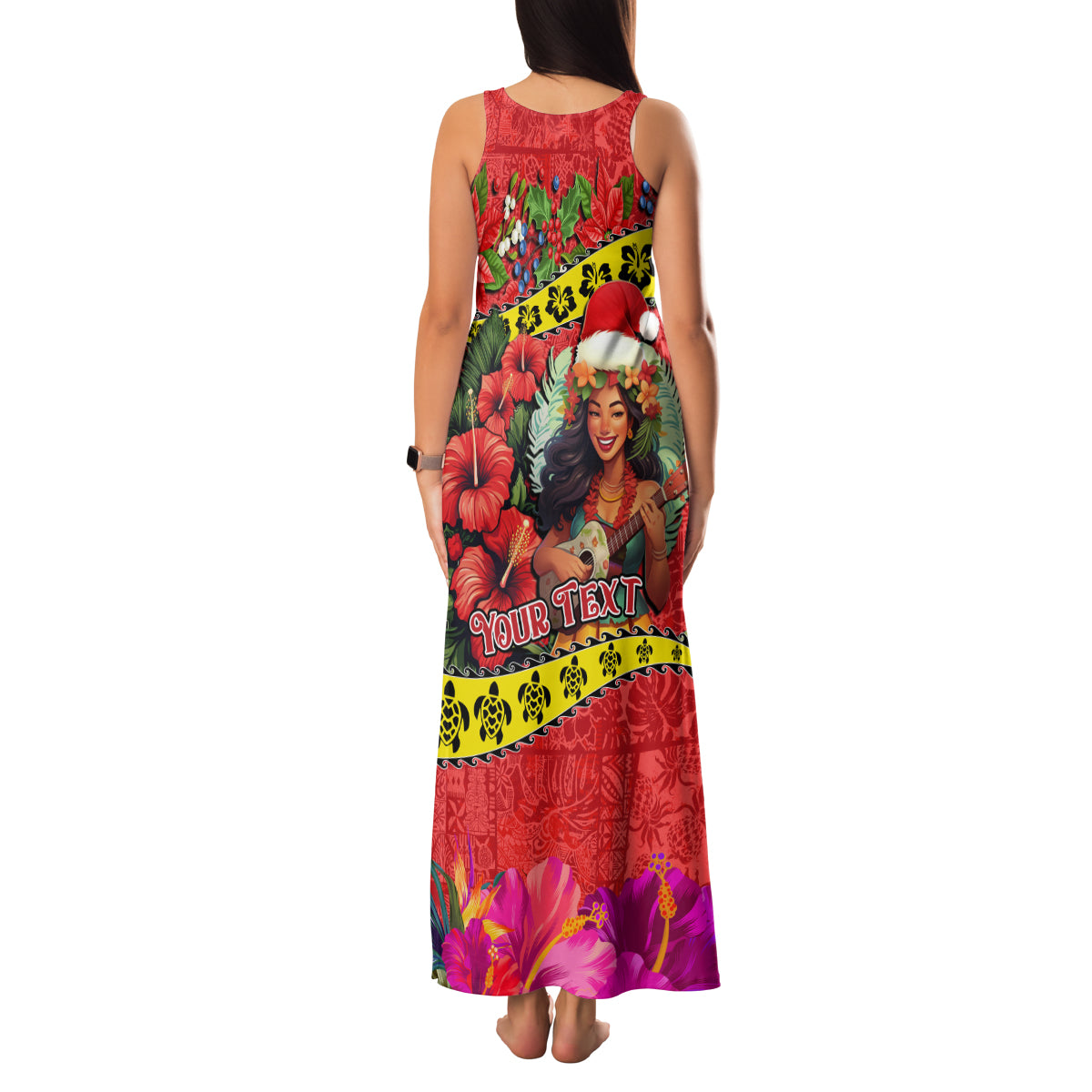 Personalised Hawaii Christmas Family Matching Tank Maxi Dress and Hawaiian Shirt Hula Girl Hibiscus With Hawaiian Style Tribal Fabric Patchwork LT03 - Polynesian Pride