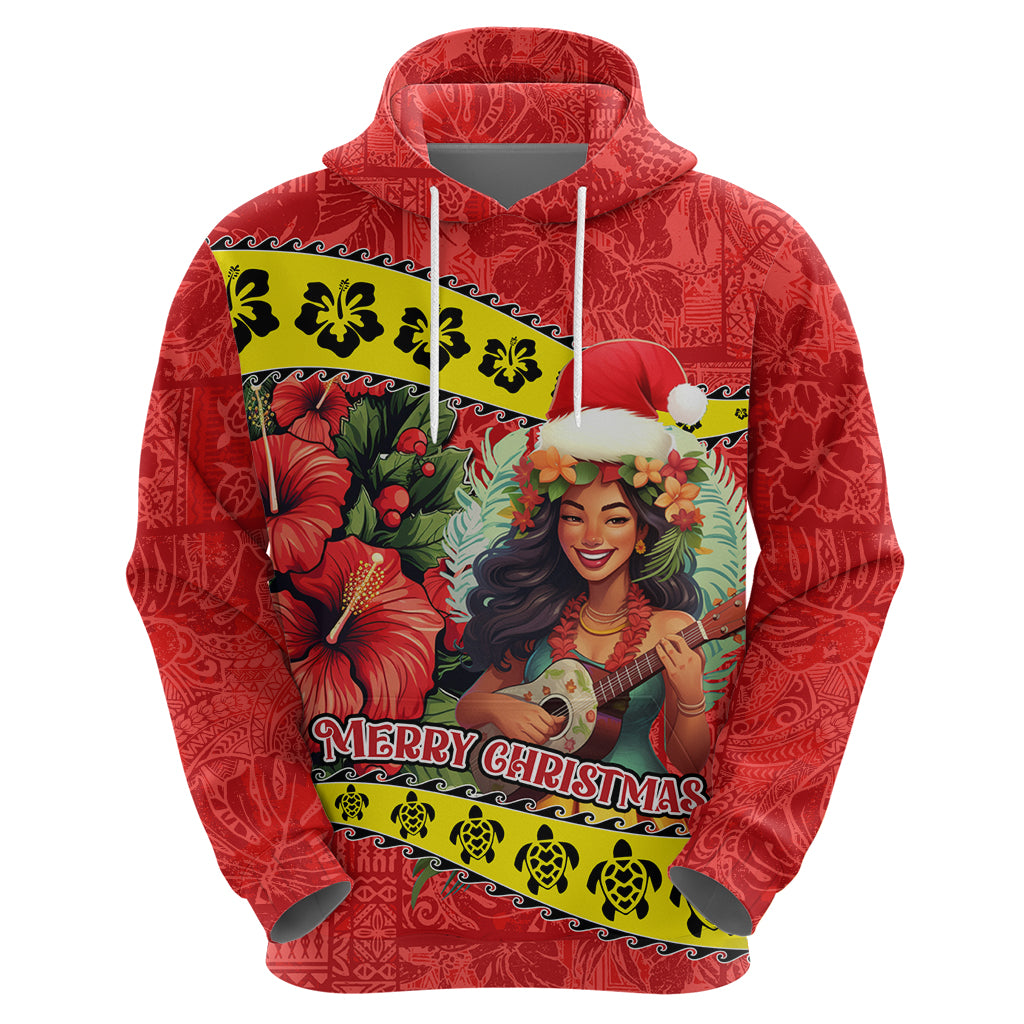 Personalised Hawaii Christmas Hoodie Hula Girl Hibiscus With Hawaiian Style Tribal Fabric Patchwork LT03 - Polynesian Pride